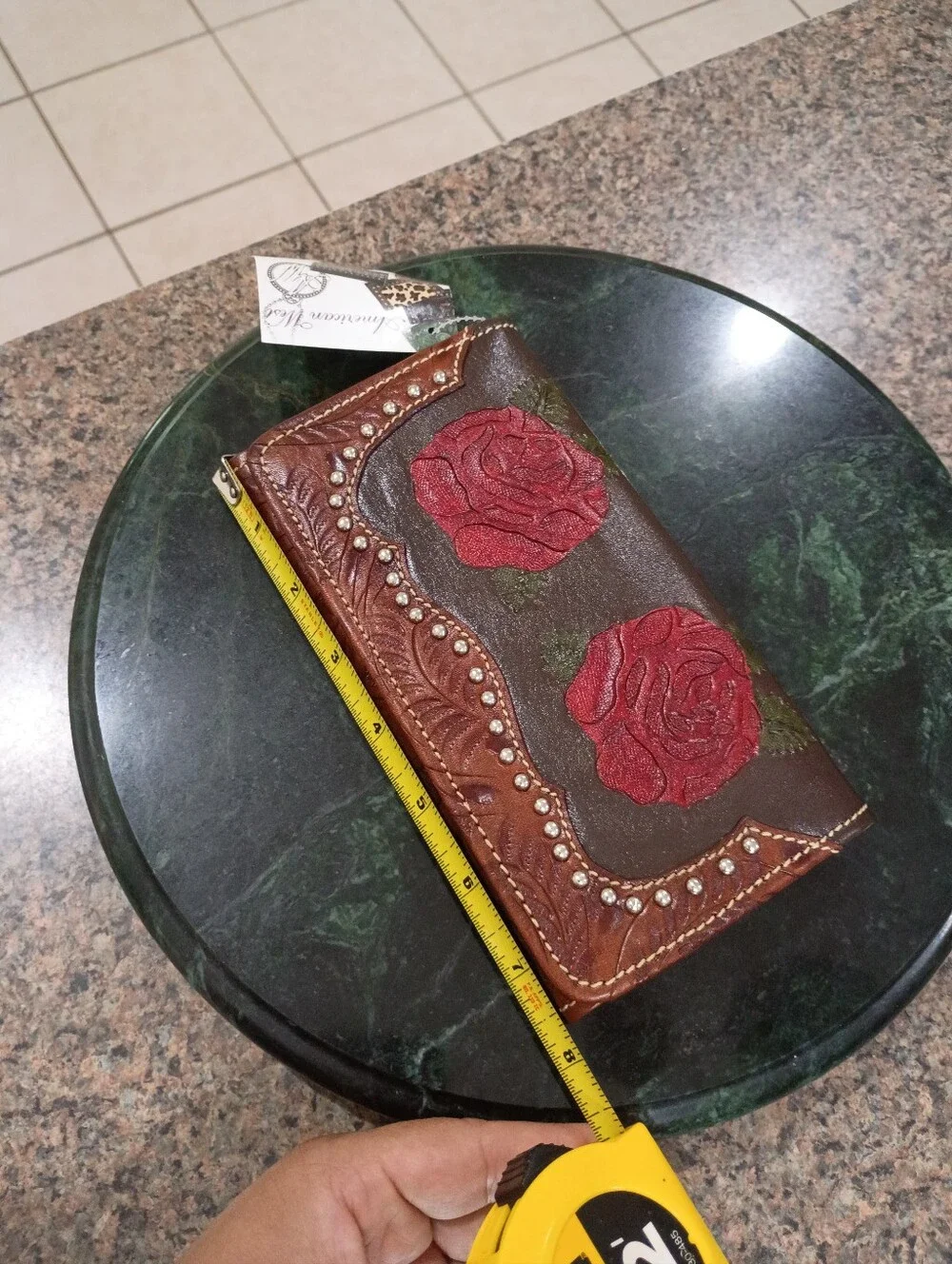 American West Handcrafted Brown Leather Clutch with Red Rose Embroidery